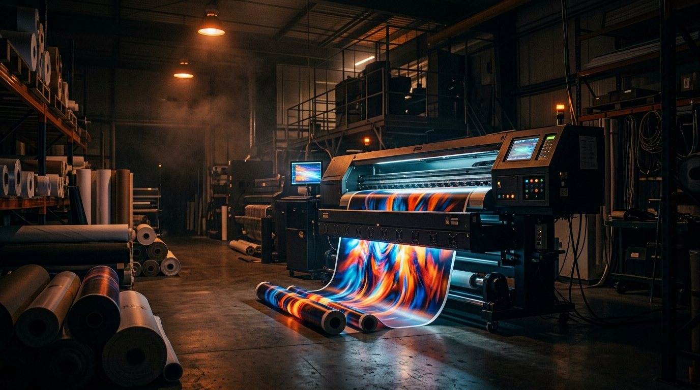 Impressora de grande formato produzindo um banner colorido na oficina
